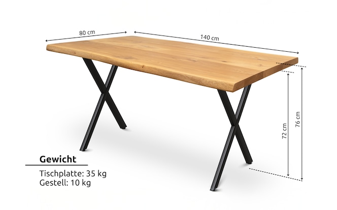 Abmessungen Esstisch 140 x 80 cm Eiche massiv/X-Gestell schwarz