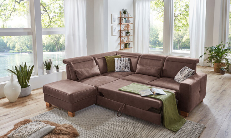 vito Ecksofa CANBERRA 233 x 255 cm mit Schlaffunktion rechts Stoffbezug cognacbraun