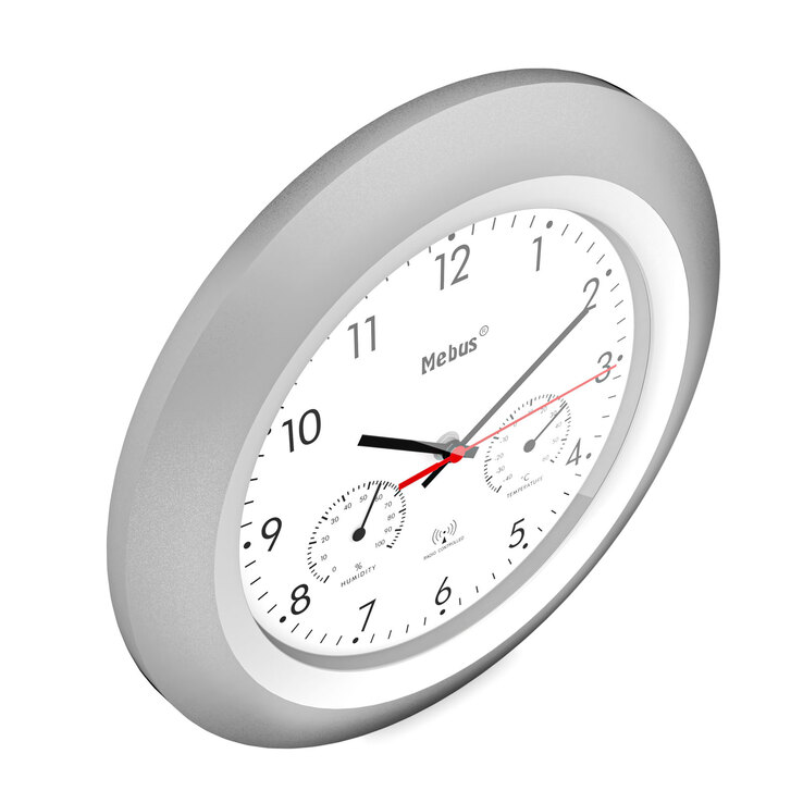 Mebus Funk-Wanduhr mit Thermo- und Hygrometer 30 cm silberfarbig