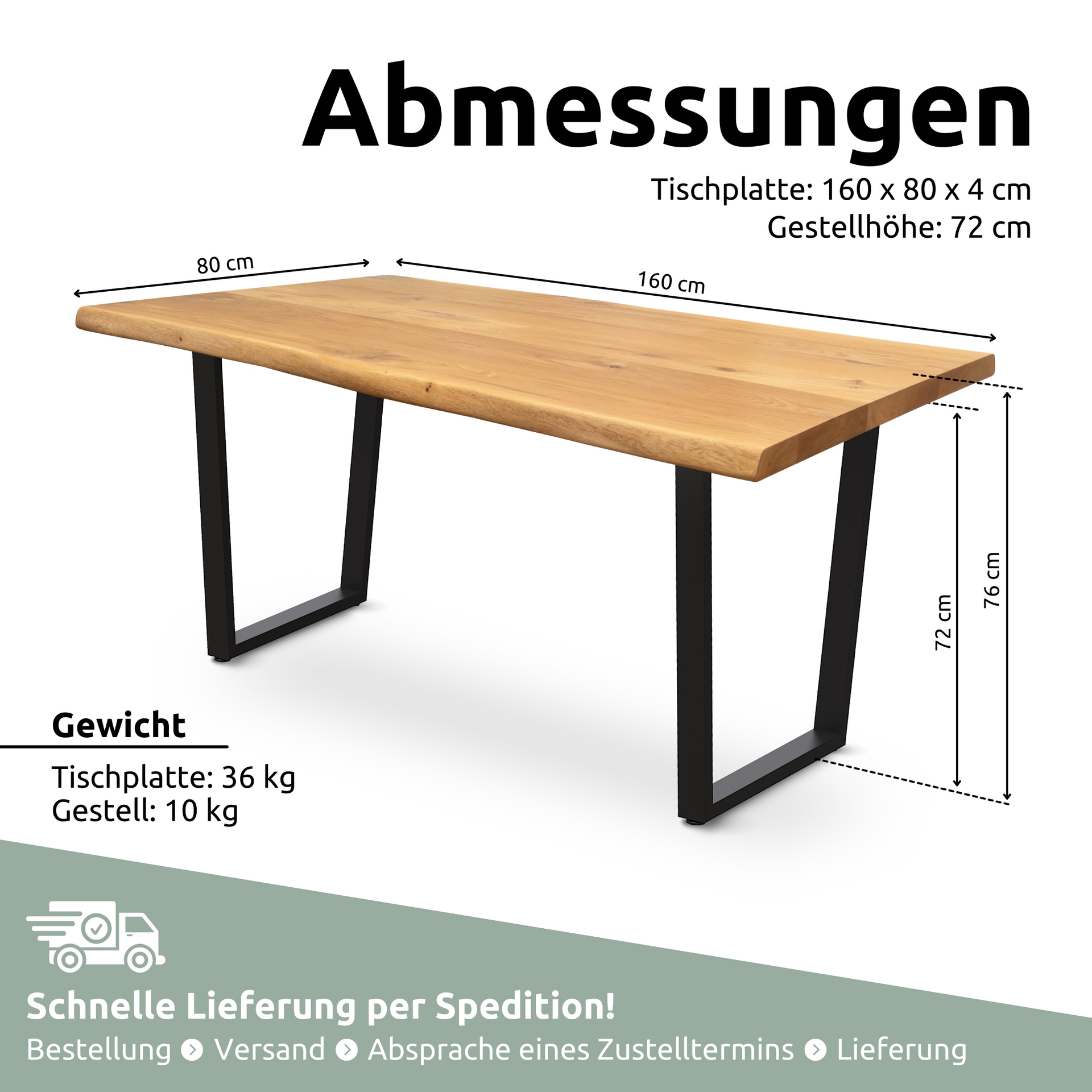 holz4home Esstisch 160 x 80 cm Eiche massiv/Trapez-Gestell schwarz