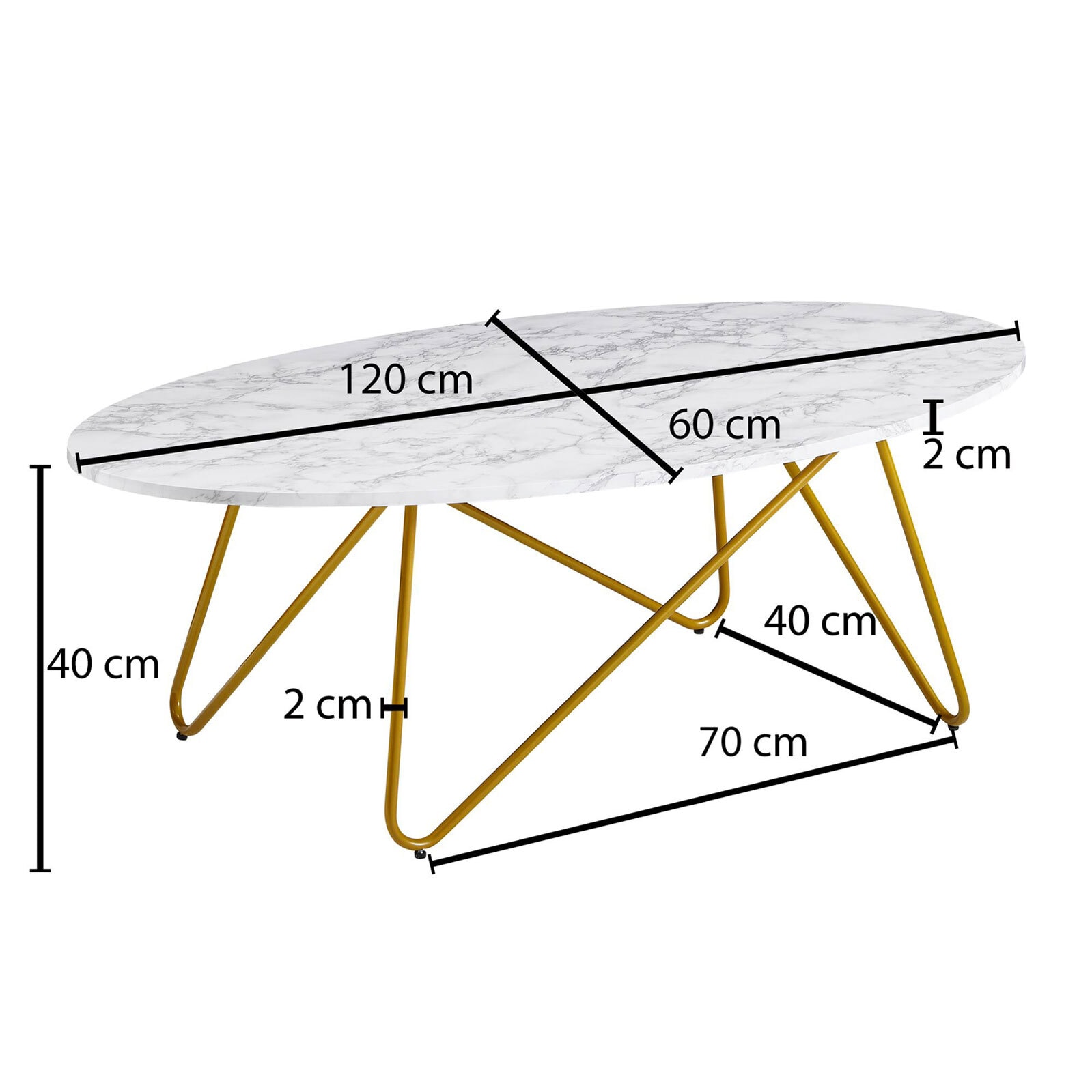 Couchtisch 120 x 60 cm Goldfarbig/ Marmor Optik Weiß