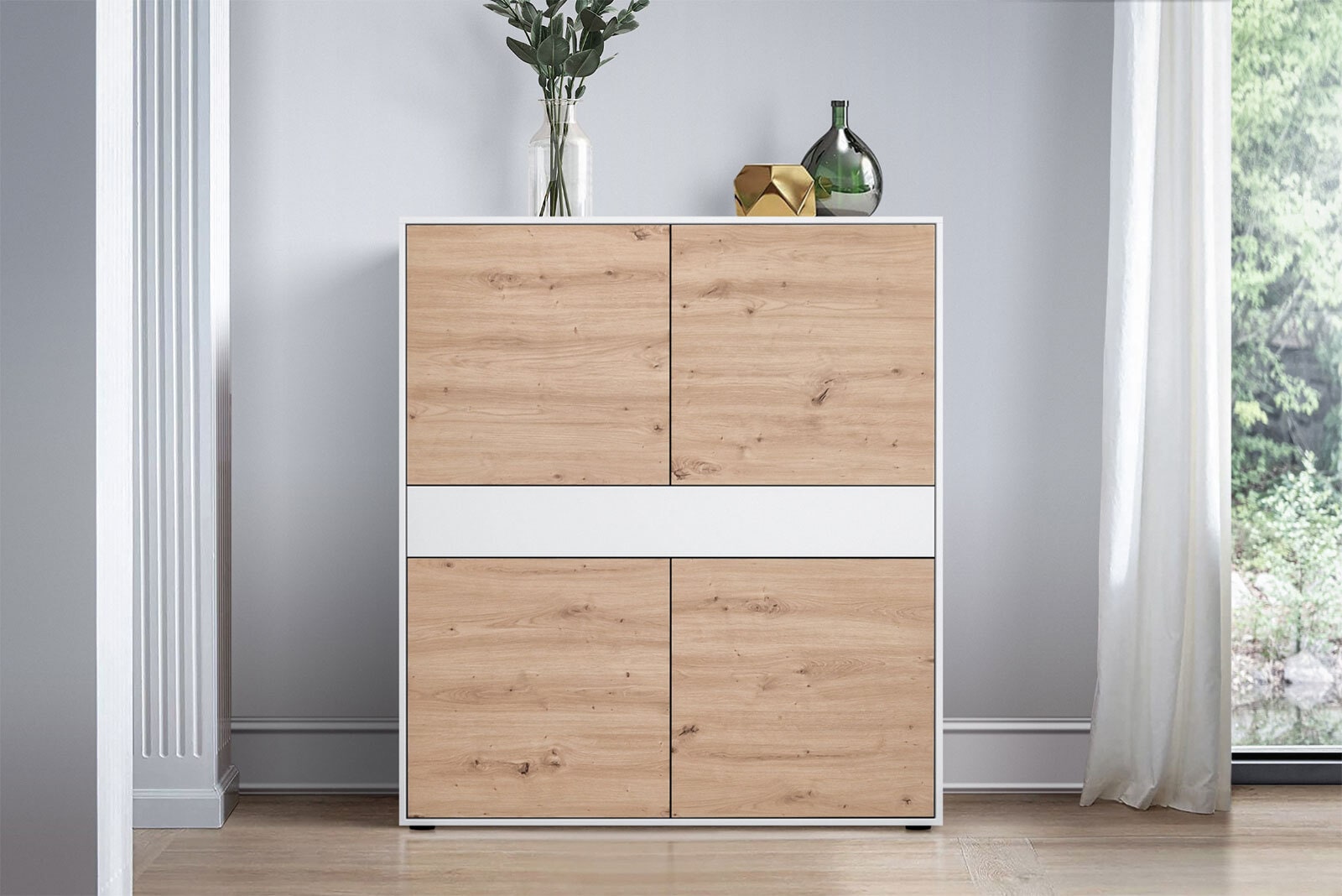 Highboard JOHN 120 x 120 cm Weiß/ Eiche Artisan Oak