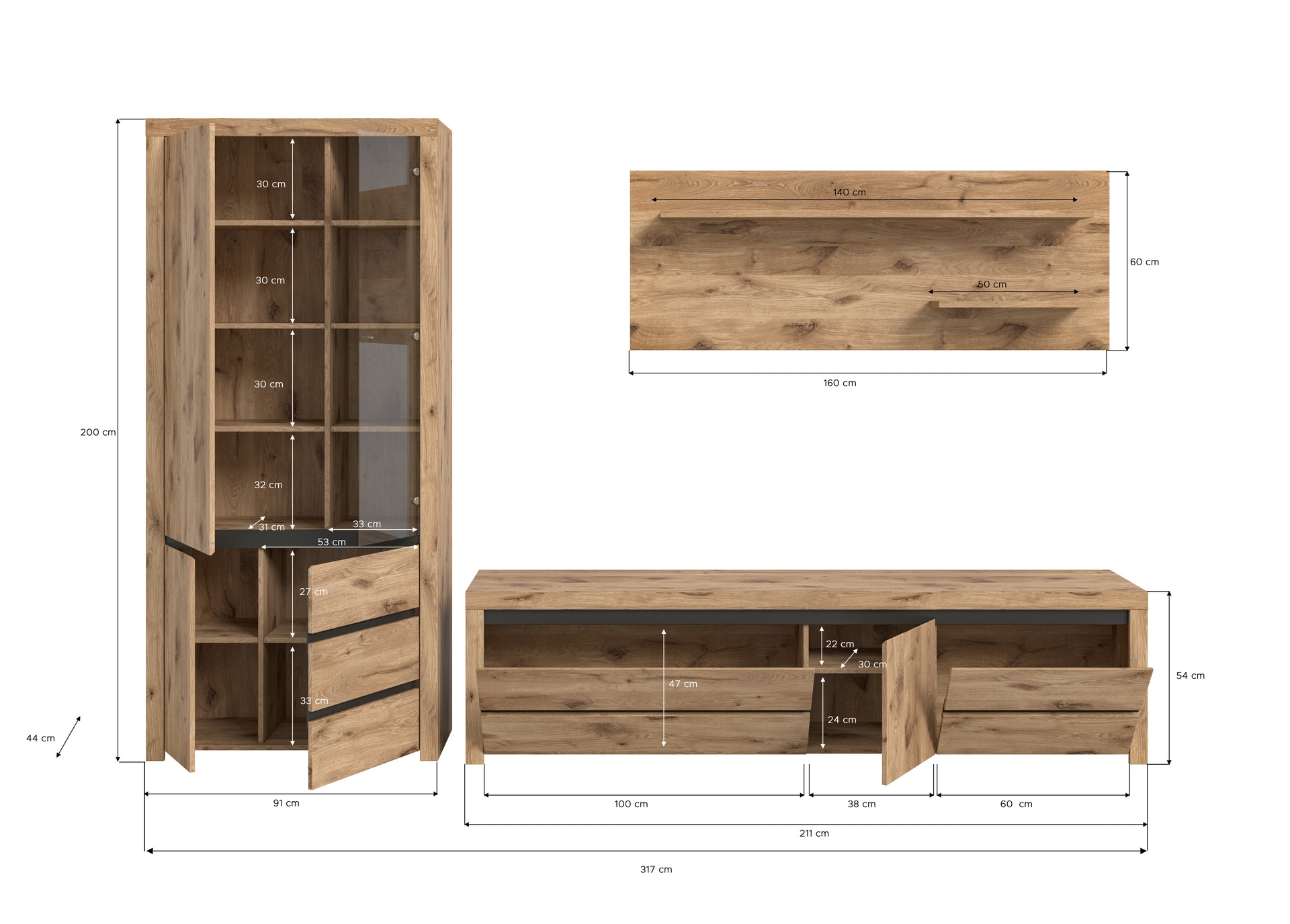 Wohnwand WOODY 3-teilig 317x200 cm braun