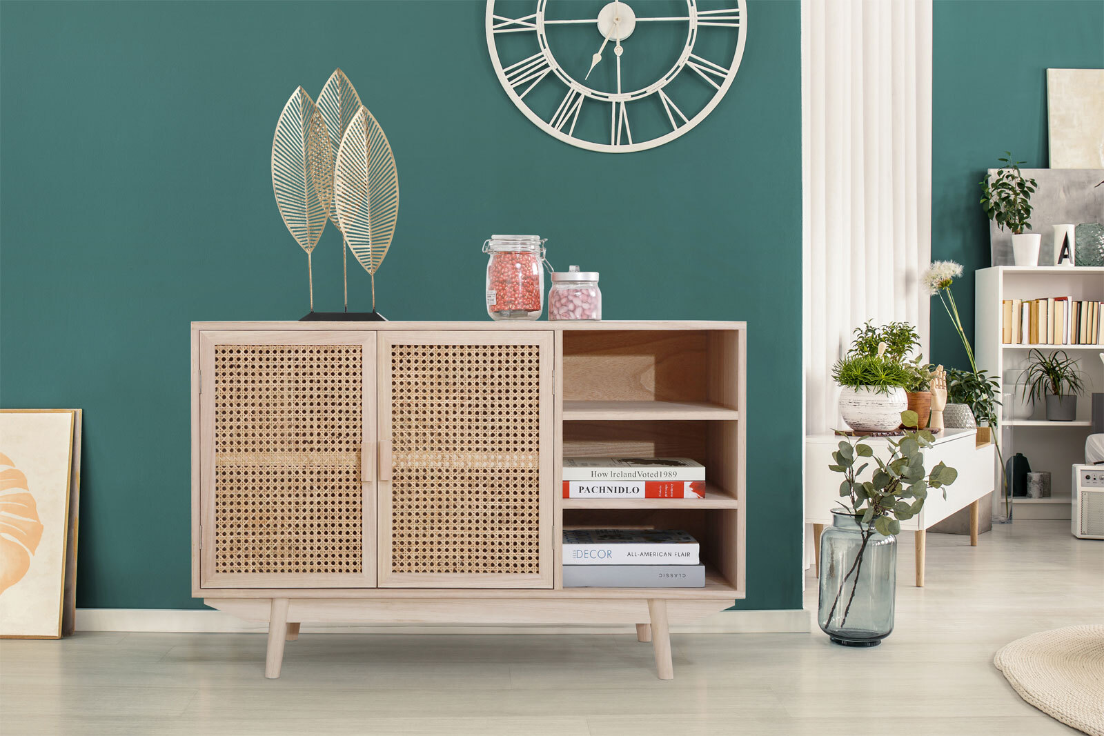 Sideboard 100 x 65 cm Braun/ Rattan