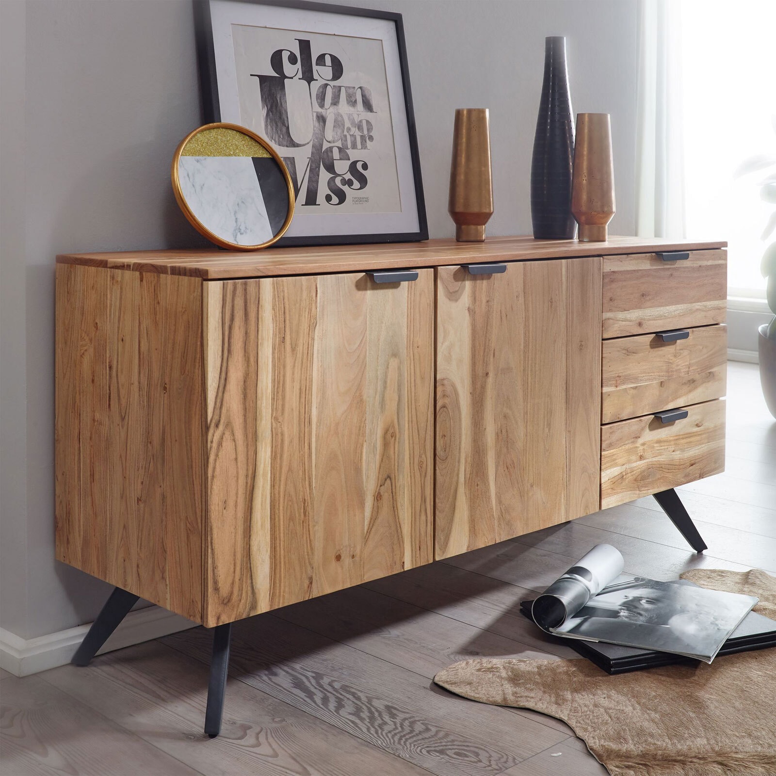 Sideboard 145 x 75 cm Grau/ Akazie massiv