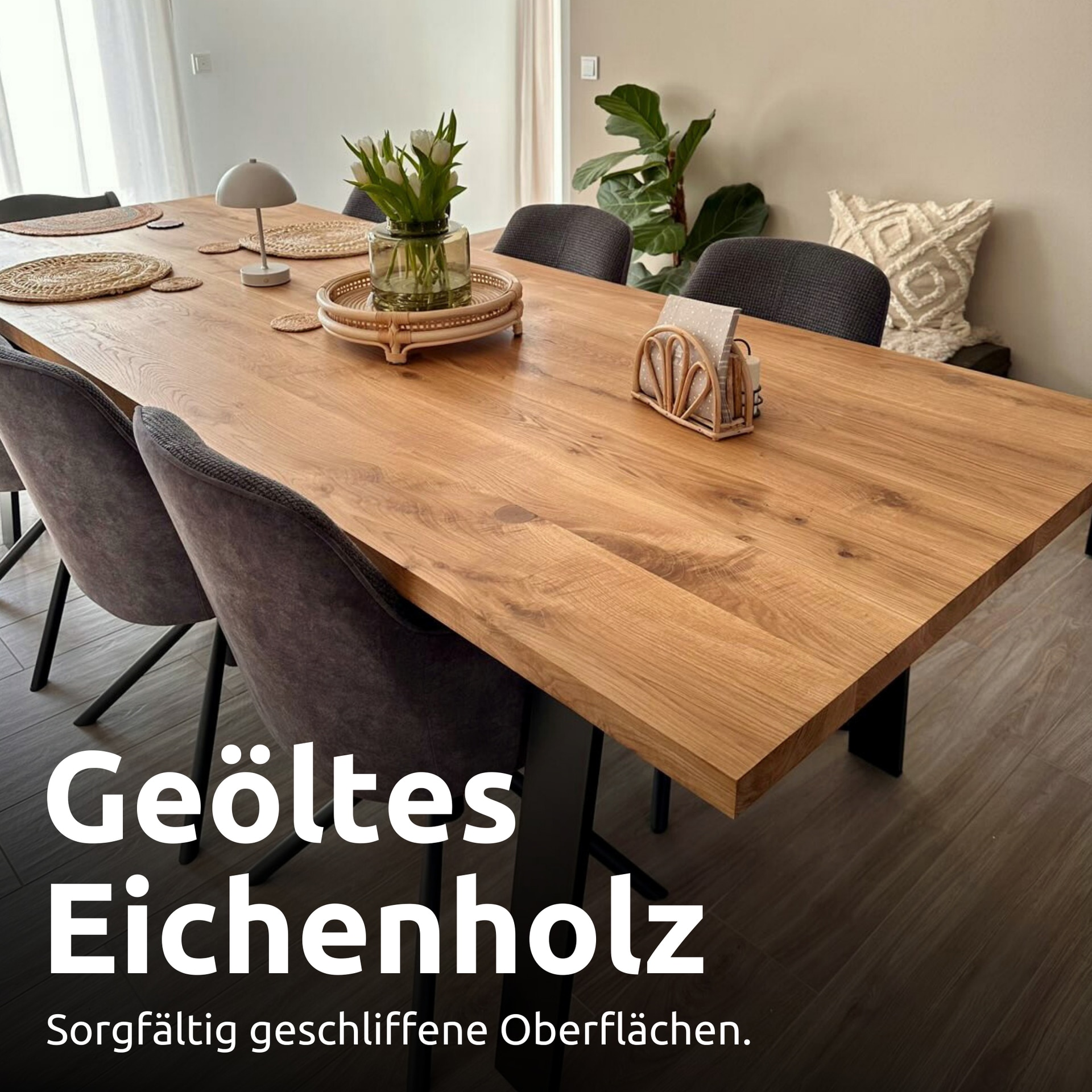 holz4home Esstisch 140 x 80 cm Eiche massiv/X-Gestell schwarz