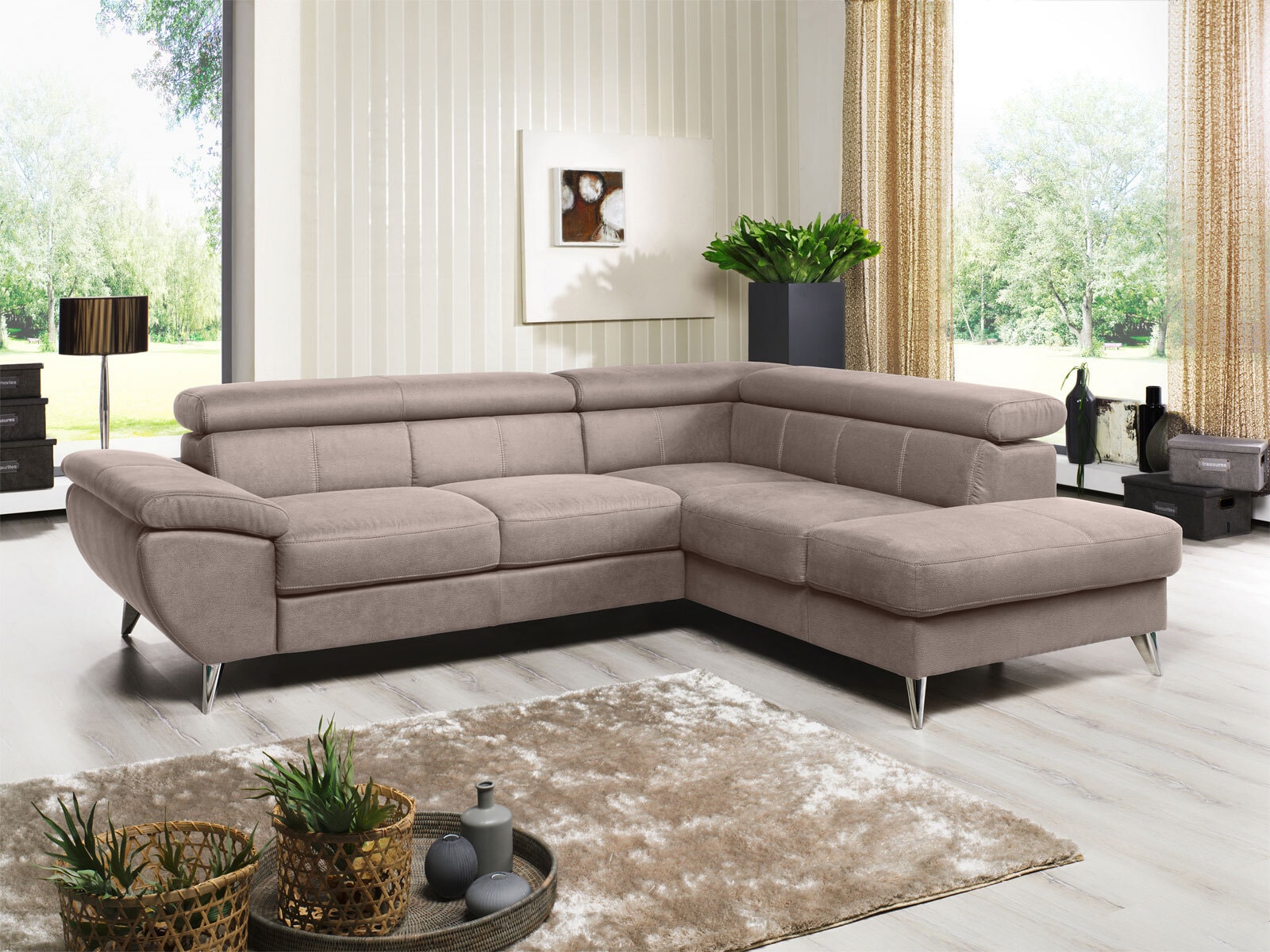 Ecksofa HALLS CREEK mit Ottomane rechts 260 x 207 cm Stoffbezug mudbraun