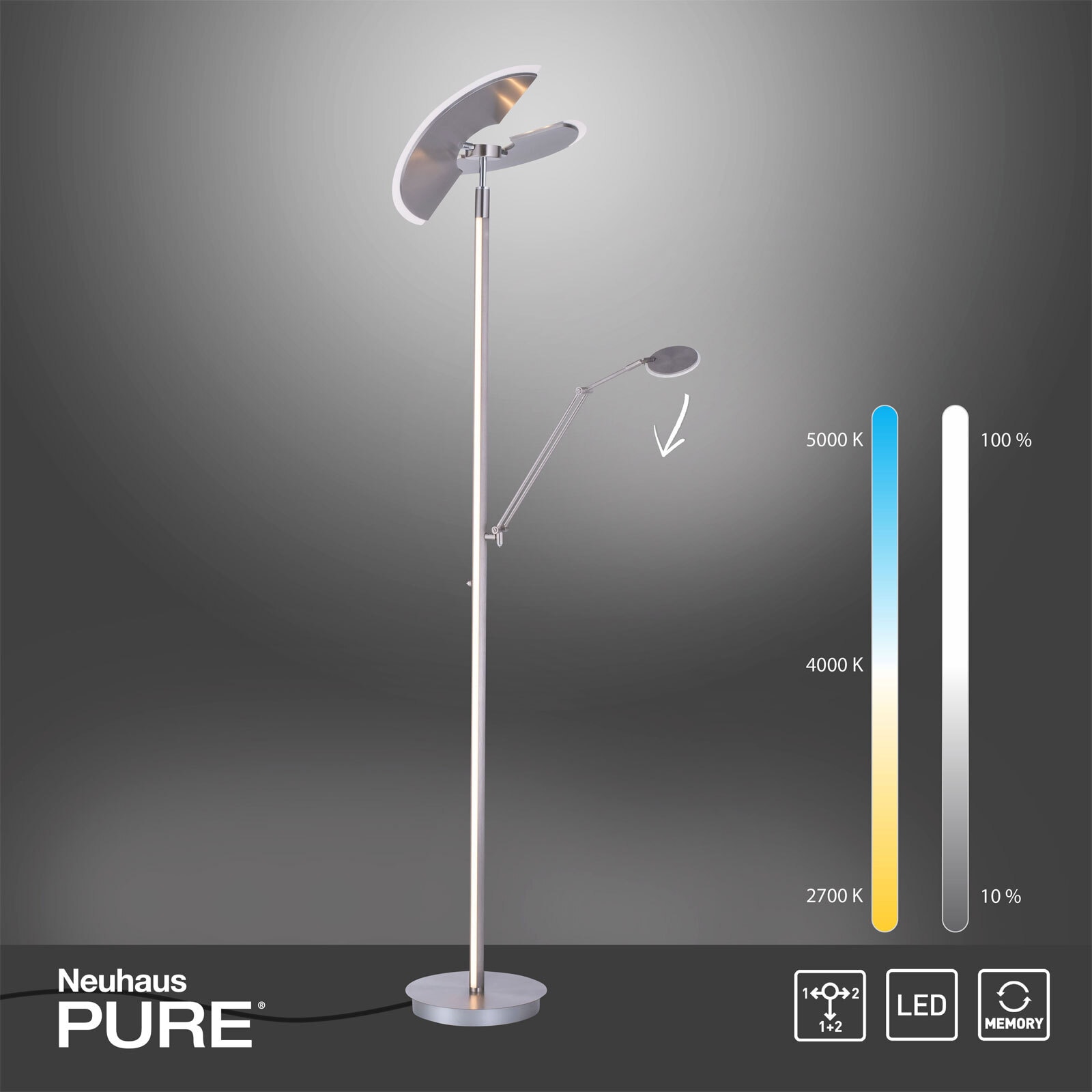 Paul Neuhaus LED Stehlampe mit Leselampe PURE-MUTIL stahlfarbig