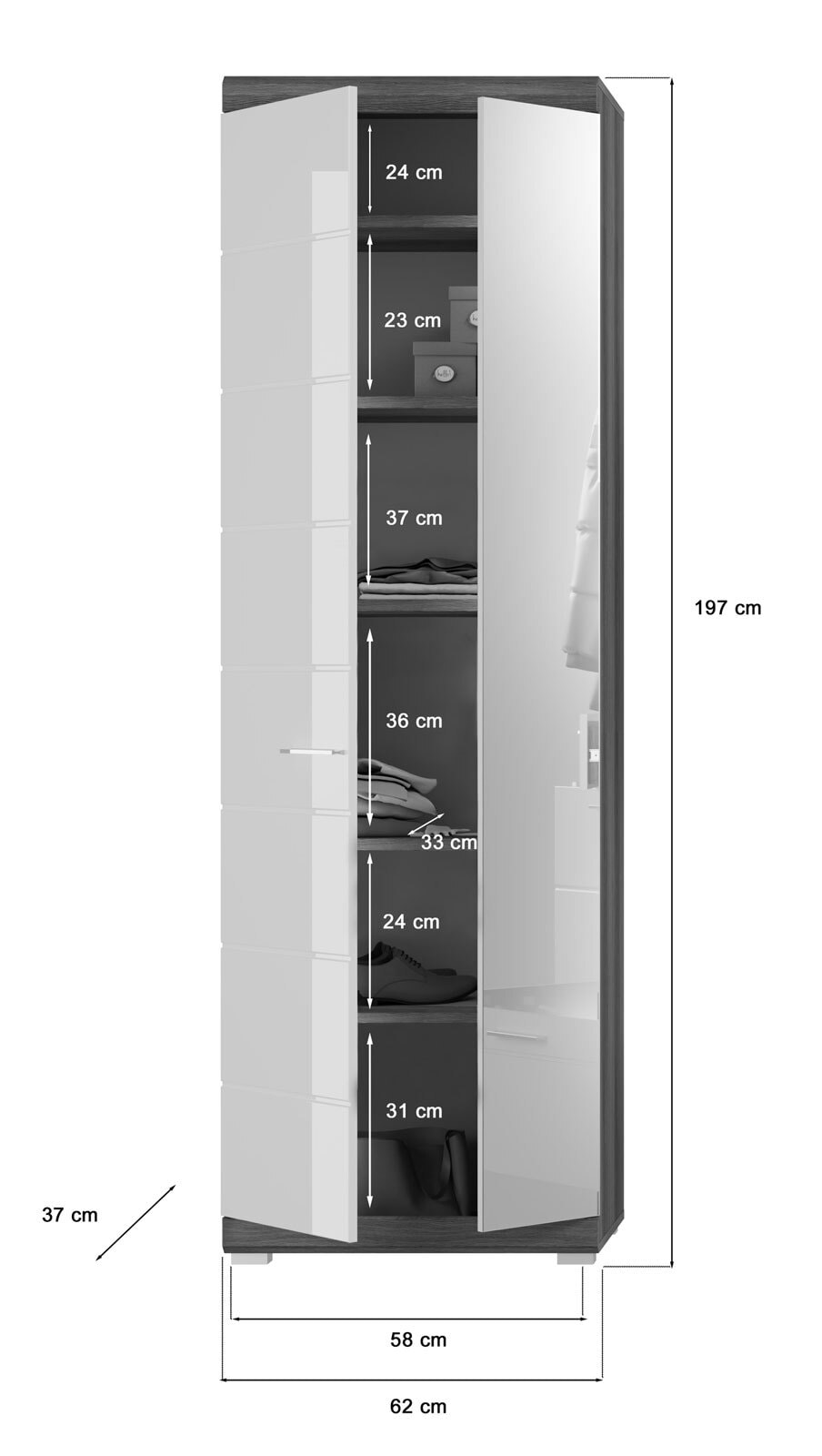 Garderobenschrank SCOUT 62 x 197 cm grau/ weiß