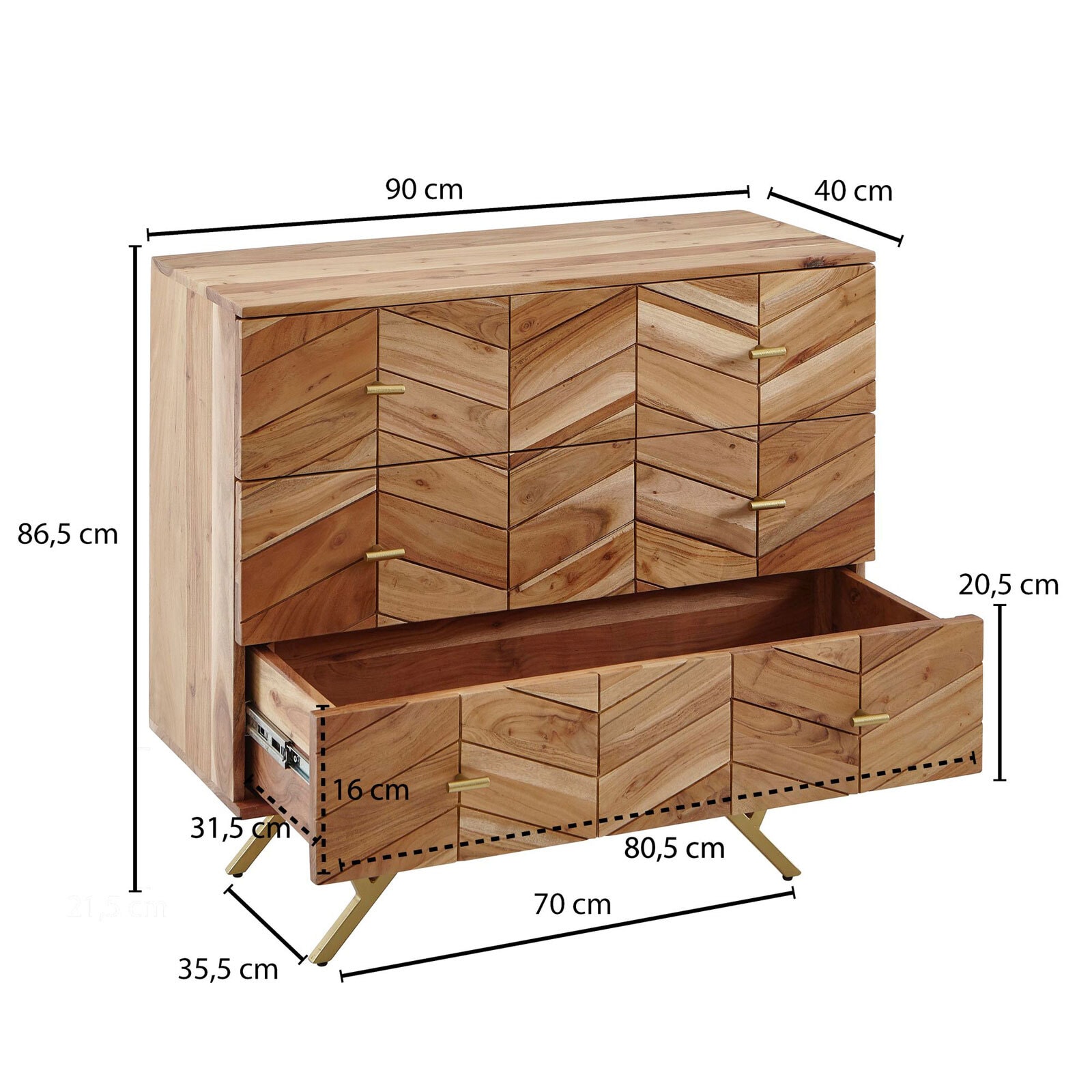 Sideboard 90 x 86 cm Goldfarbig/ Akazie massiv