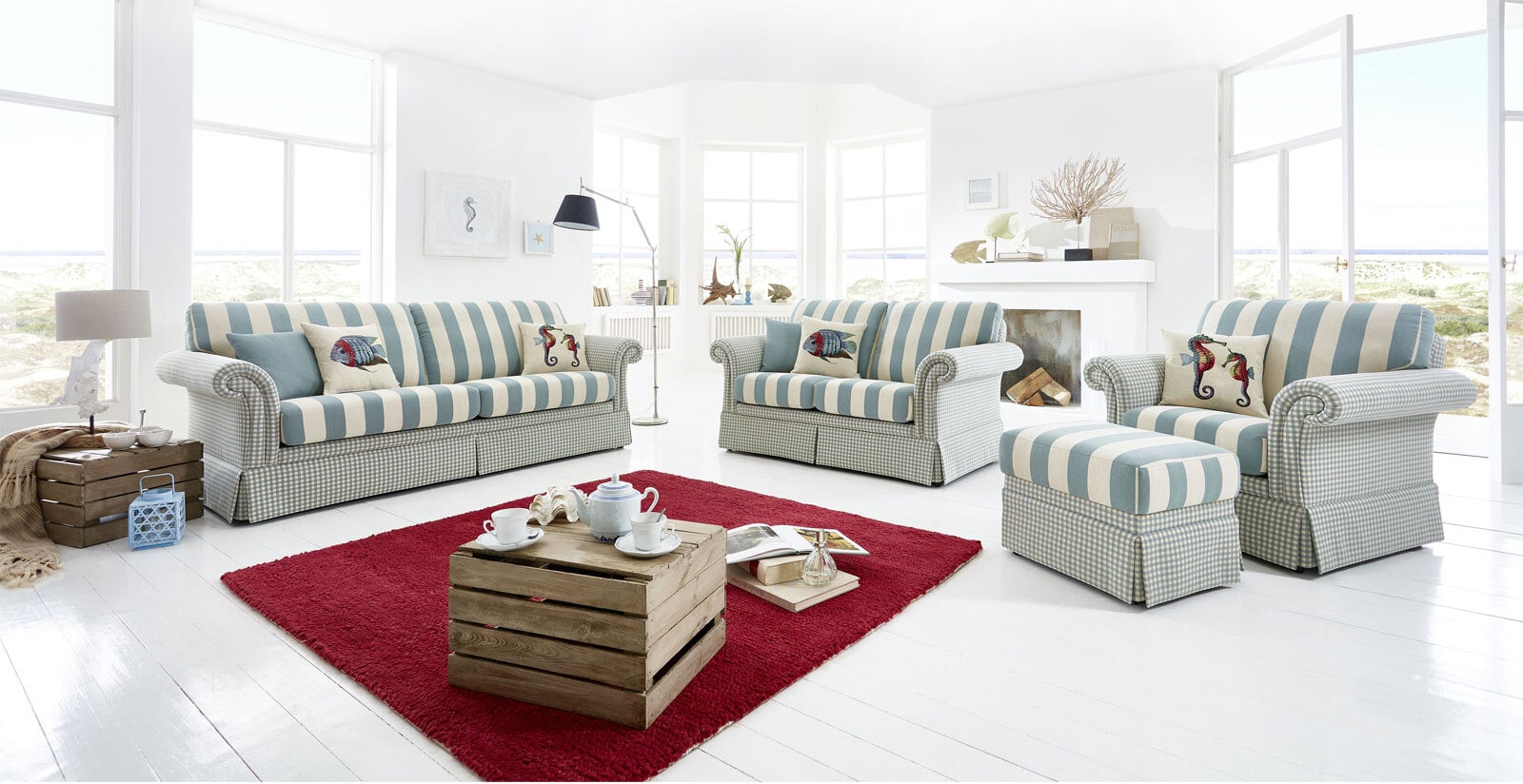 SCHRÖNO Sofa 3-Sitzer KAMPEN 207 x 90 cm Stoffbezug beige/grün-blau