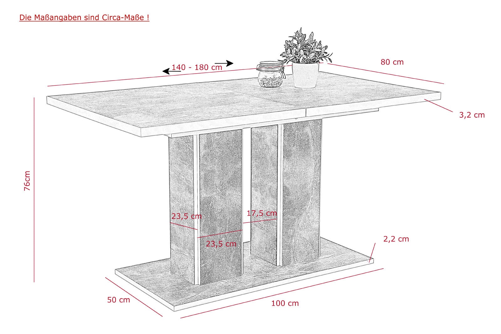 Esstisch RAMONA 140-180 x 80 cm grau  