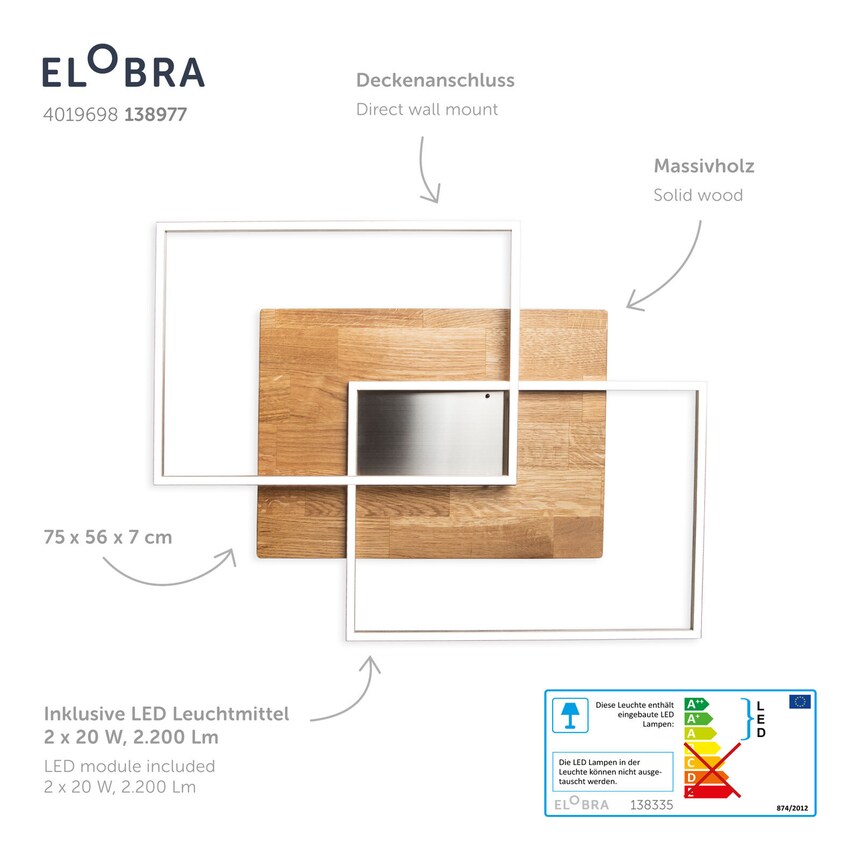 ELOBRA CCT LED Deckenlampe PANAMA 56 x 75 cm Nickelfarbig mit Holz