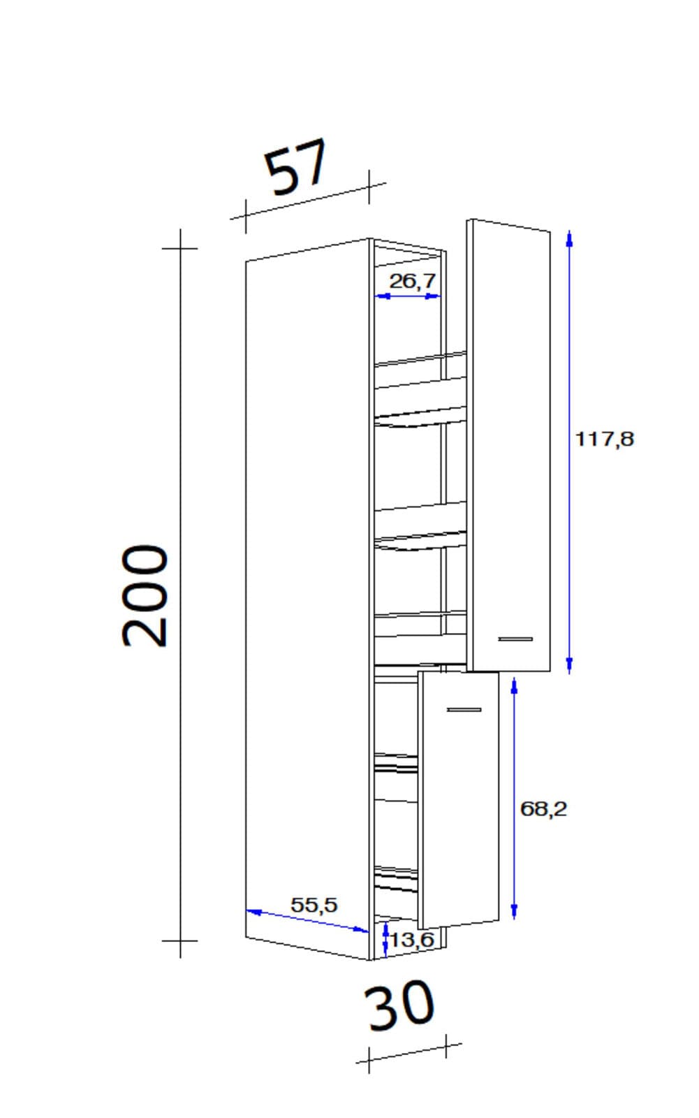 Küchen Apothekerschrank WITO 30 x 200 x 57 cm weiß