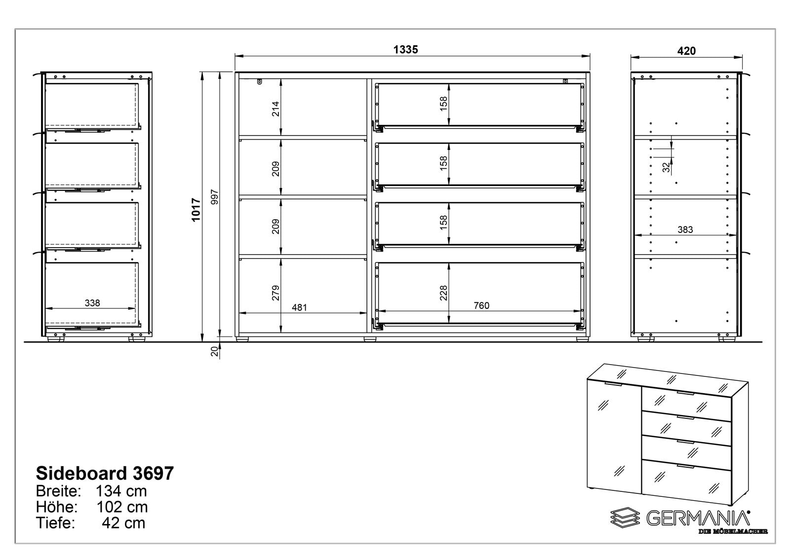 CASAVANTI Sideboard OAKLAND 134 x 102 cm Glas Weiß/Weiß