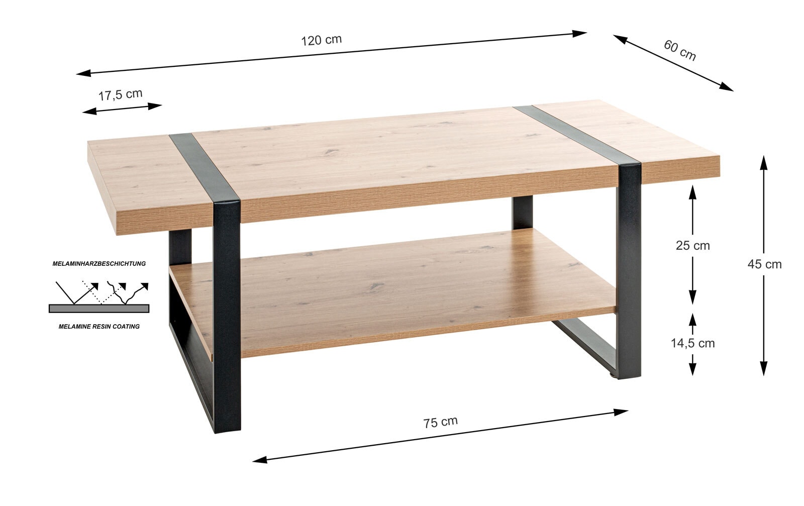 Couchtisch 120 x 60 cm Schwarz/ Asteiche