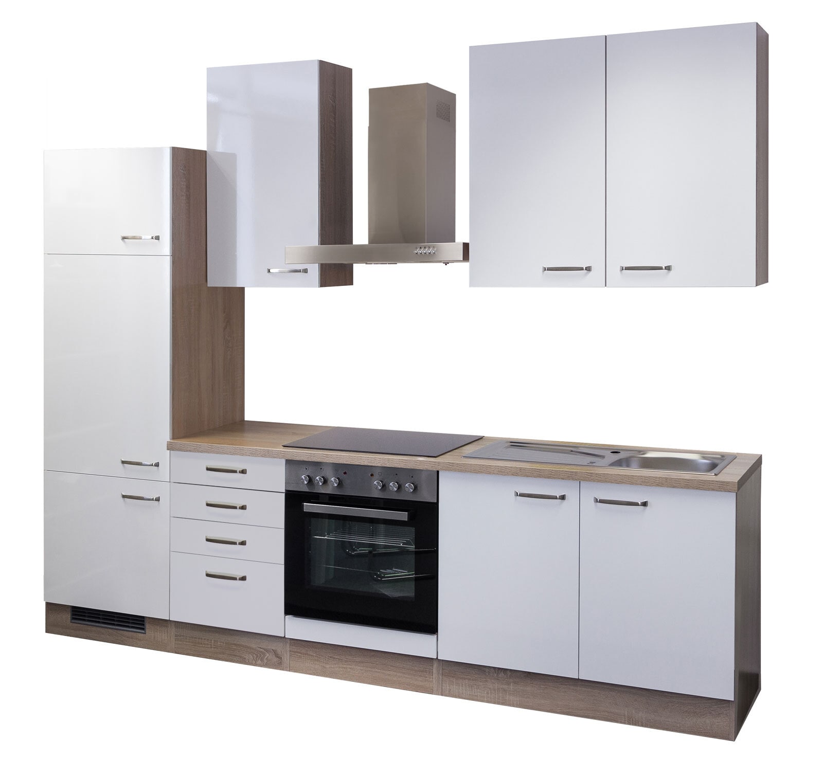 Küchenblock Valero Hochglanz Weiß / Eiche Sonoma mit E-Geräte