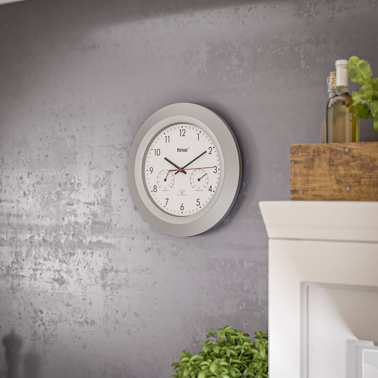 Mebus Funk-Wanduhr mit Thermo- und Hygrometer 30 cm silberfarbig