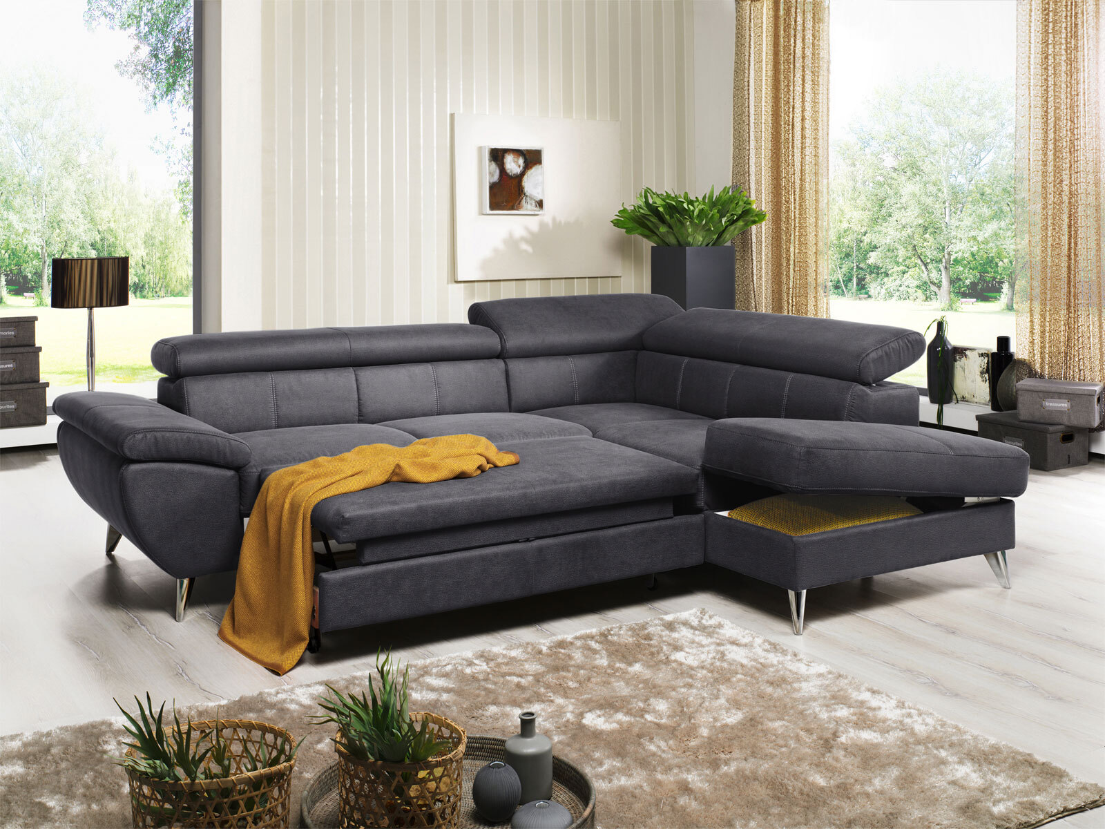 Ecksofa HALLS CREEK mit Schlaffunktion links 260 x 207 cm Stoffbezug anthrazitgrau