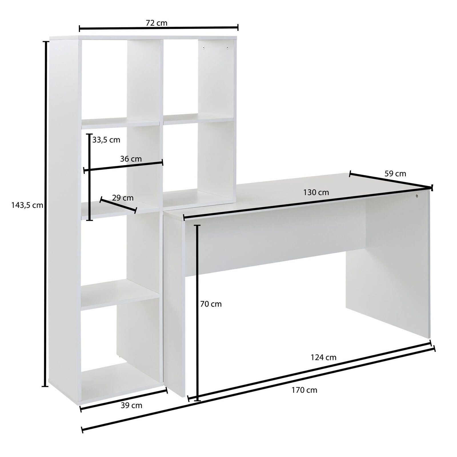 Schreibtisch mit Regal 170 x 144 cm Weiß