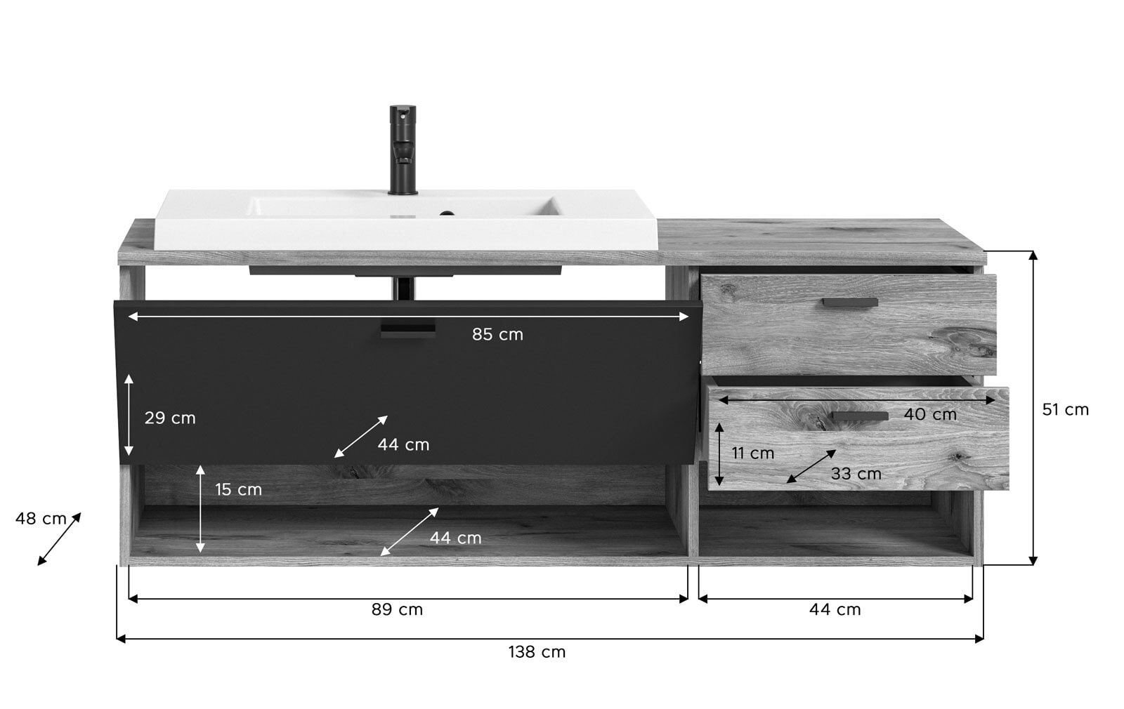 Waschtisch GRADO 138 x 51 cm Eiche/ Grau