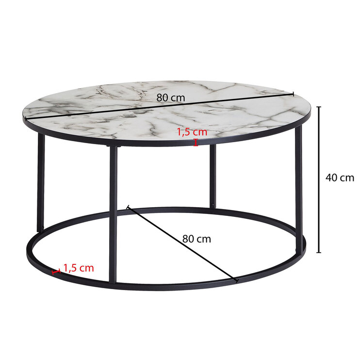 Couchtisch rund 80 cm Schwarz/ Marmor Optik Weiß