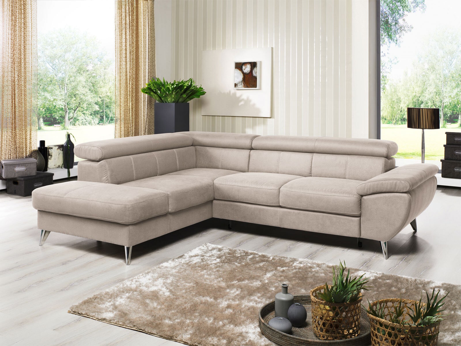 Ecksofa HALLS CREEK mit Schlaffunktion rechts 207 x 260 cm Stoffbezug sandbeige