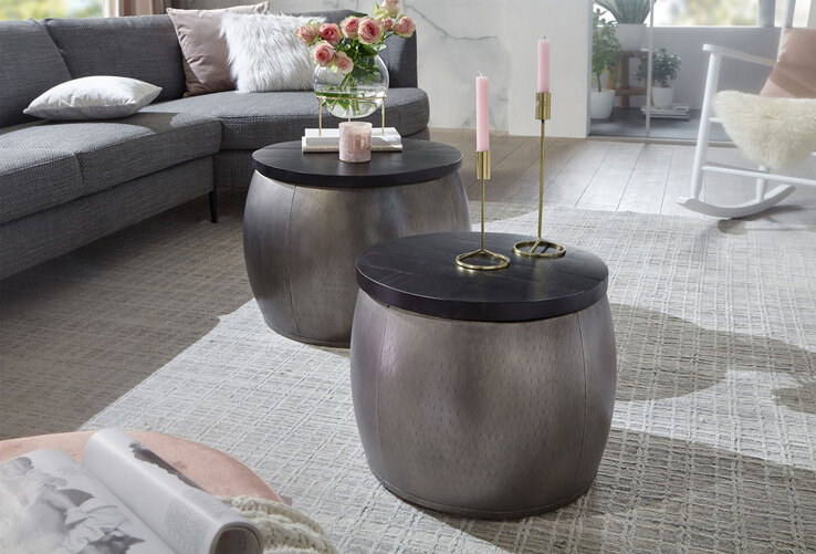 Couchtisch rund 2er Set Silberfarbig/ Schwarz