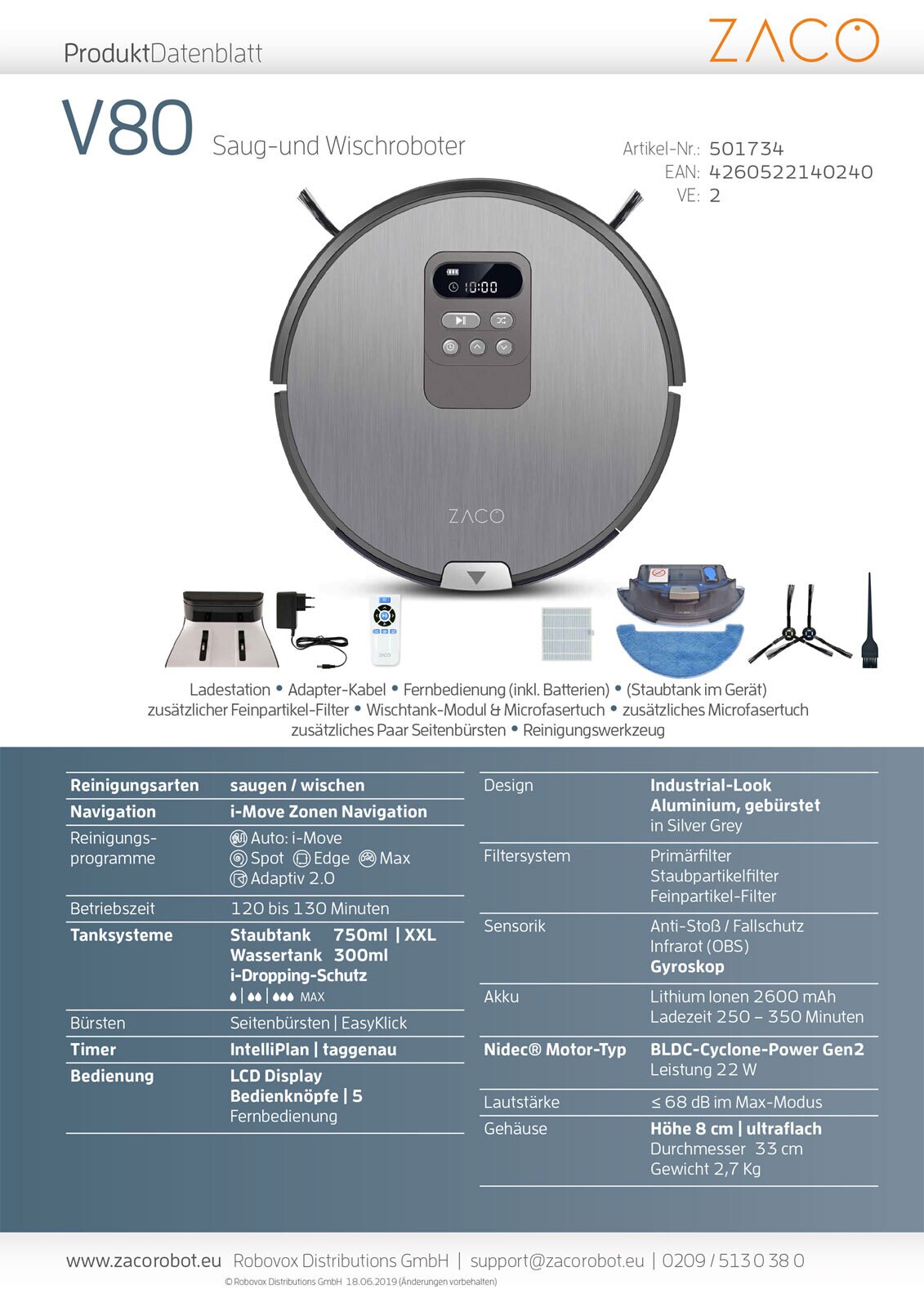 ZACO Saug- und Wischroboter V80 33 cm Kunststoff silvergrey  