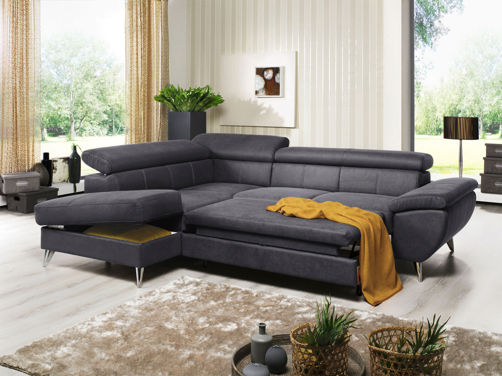 Ecksofa HALLS CREEK mit Schlaffunktion rechts 207 x 260 cm Stoffbezug anthrazitgrau