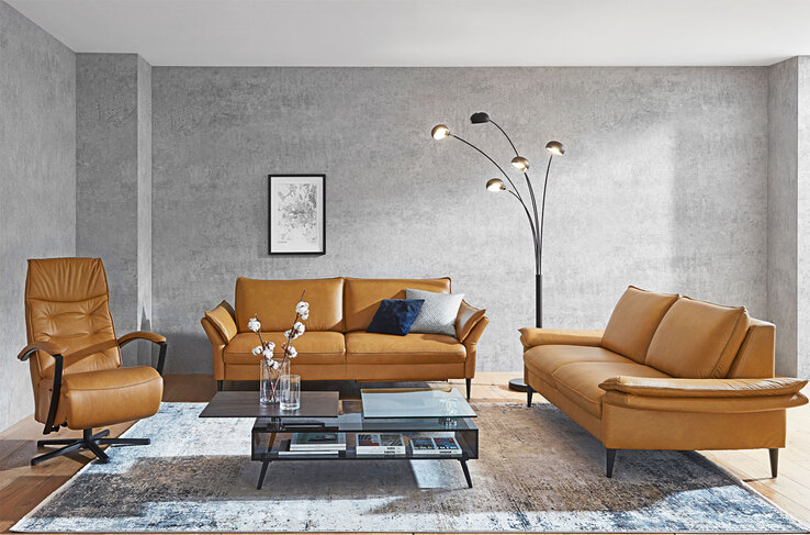 PURO Ledersofa 3-Sitzer STRASSBURG II Cloudy kurkuma