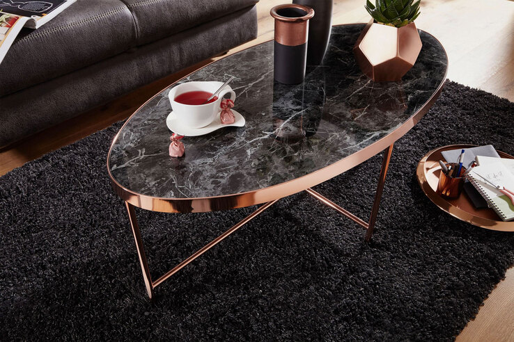 Couchtisch 110 x 56 cm Kupferfarbig/ Marmor Optik Schwarz