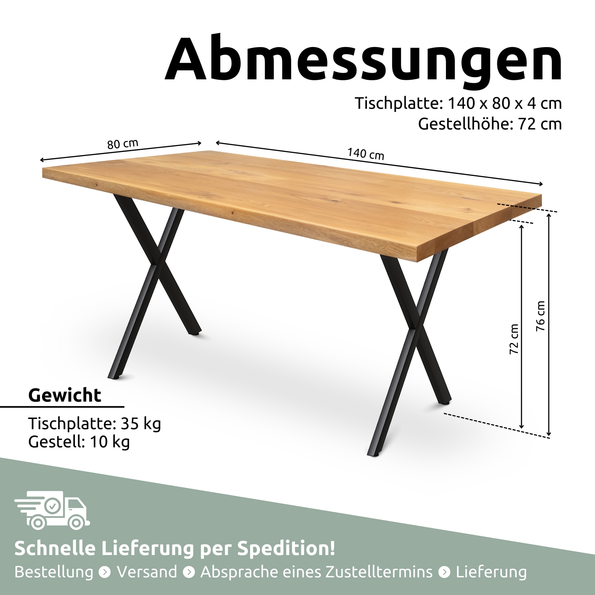 holz4home Esstisch 140 x 80 cm Eiche massiv/X-Gestell schwarz