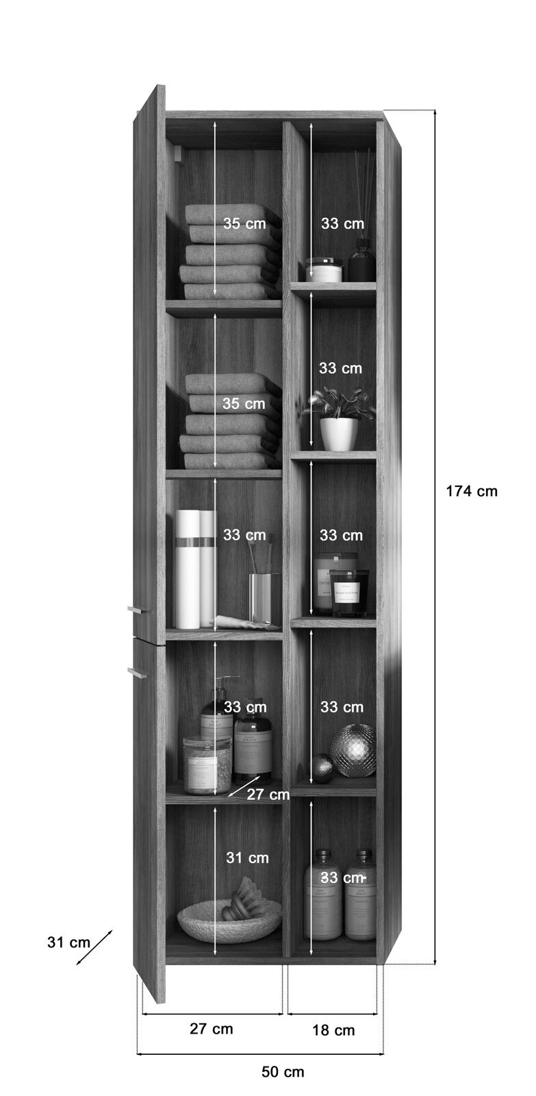 Bad Hängeschrank YORK 50 x 174 cm Rauchsilber grau