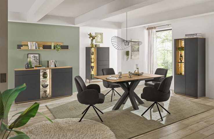 Vitrinenschrank COMO 81 x 180 cm Anthrazit matt Lack/Asteiche-Dekor