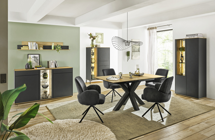 Vitrinenschrank COMO 81 x 180 cm Anthrazit matt Lack/Asteiche-Dekor
