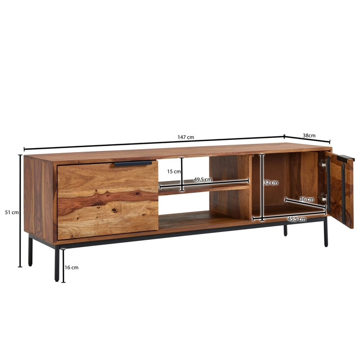 TV-Lowboard 147 x 51 cm Schwarz/ Sheesham massiv