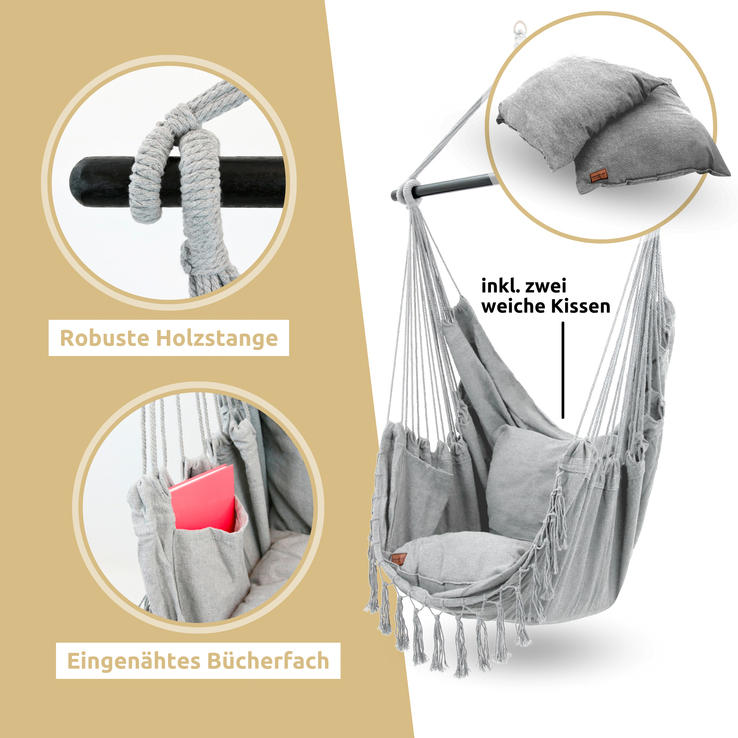 deluxe4home Hängesessel BOHO 4-teilig hellgrau