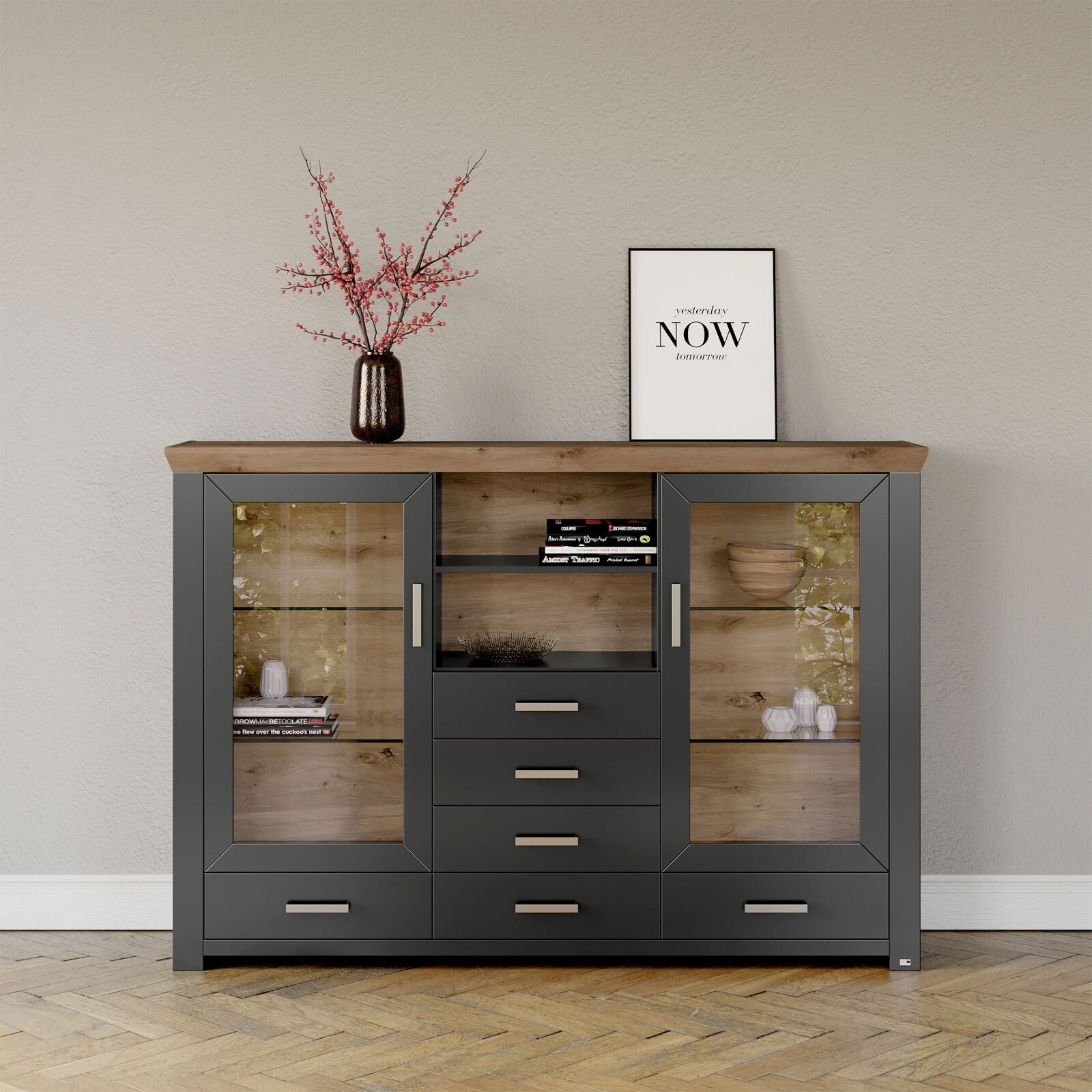 set one by Musterring Highboard YORK 56 anthrazit /Eiche Artisan