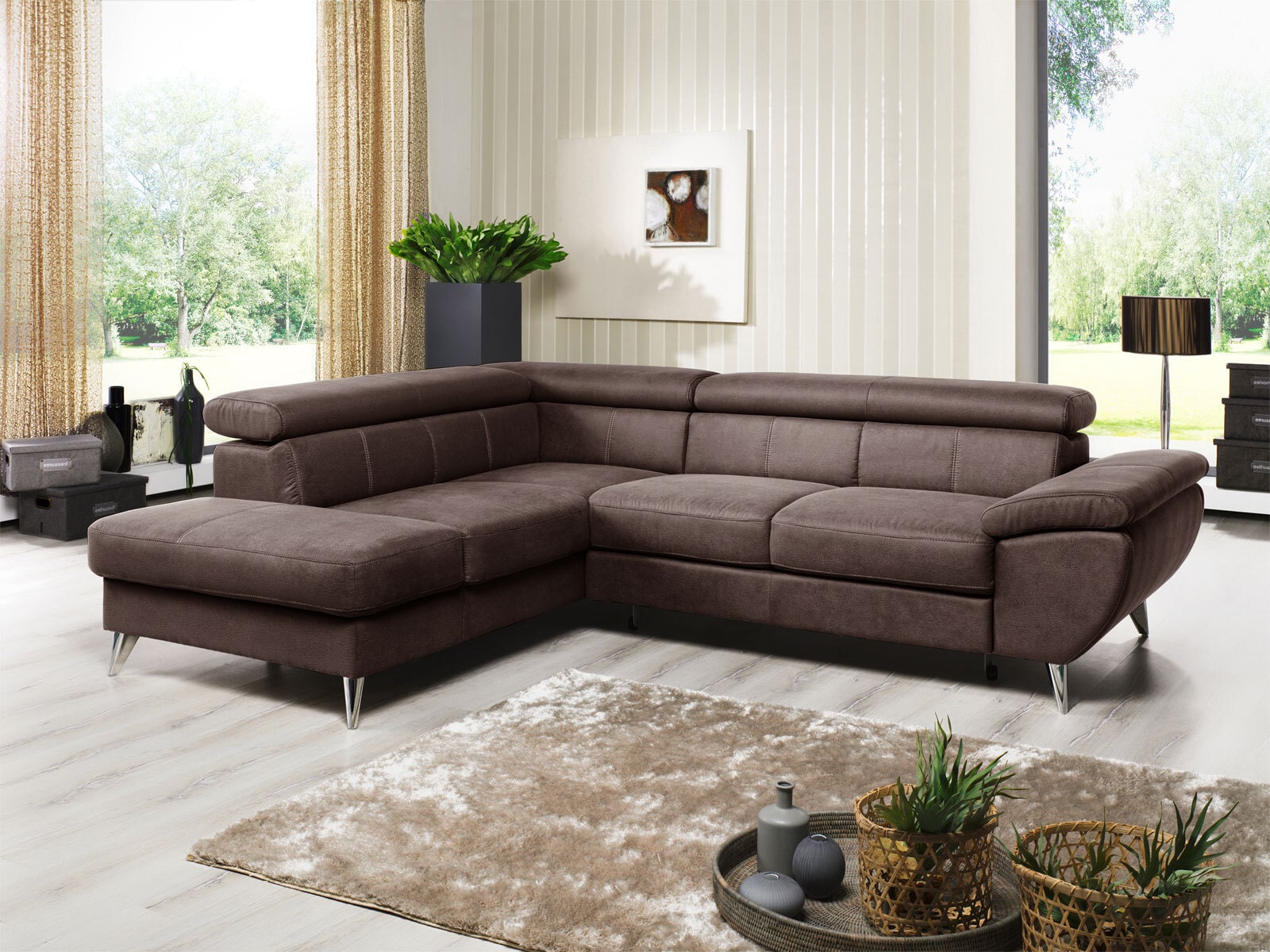 Ecksofa HALLS CREEK mit Schlaffunktion rechts 207 x 260 cm Stoffbezug chocolatebraun