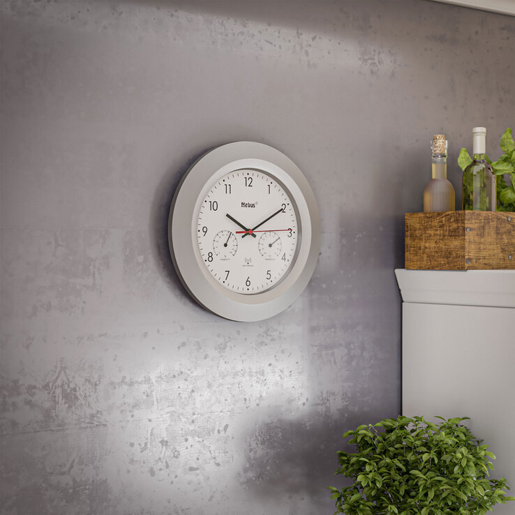 Mebus Funk-Wanduhr mit Thermo- und Hygrometer 30 cm silberfarbig