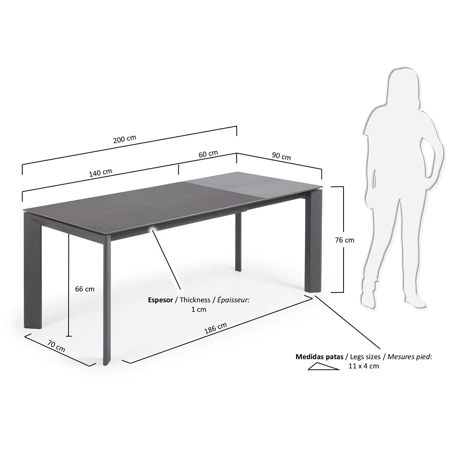 Kave Home Esstisch AXIS 140-200 x 90 cm grau /Glas grau