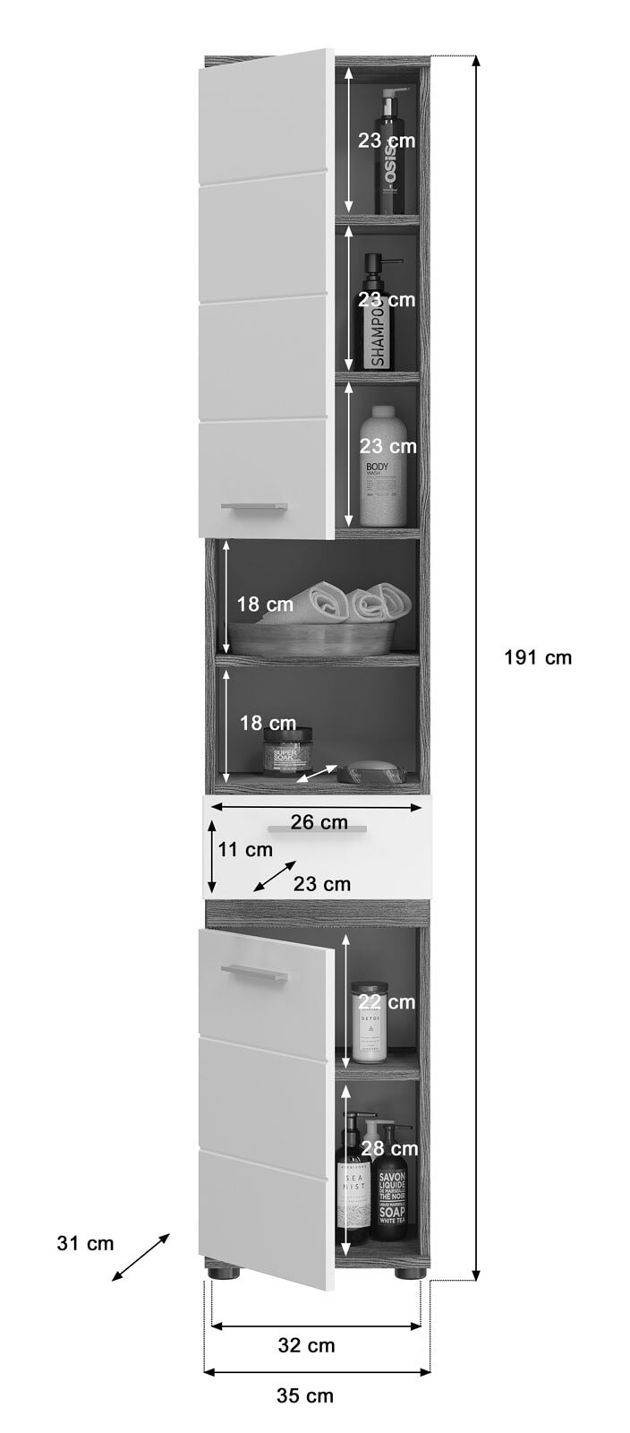 Hochschrank BLAKE 35 x 191 cm Rauchsilber/ weiß