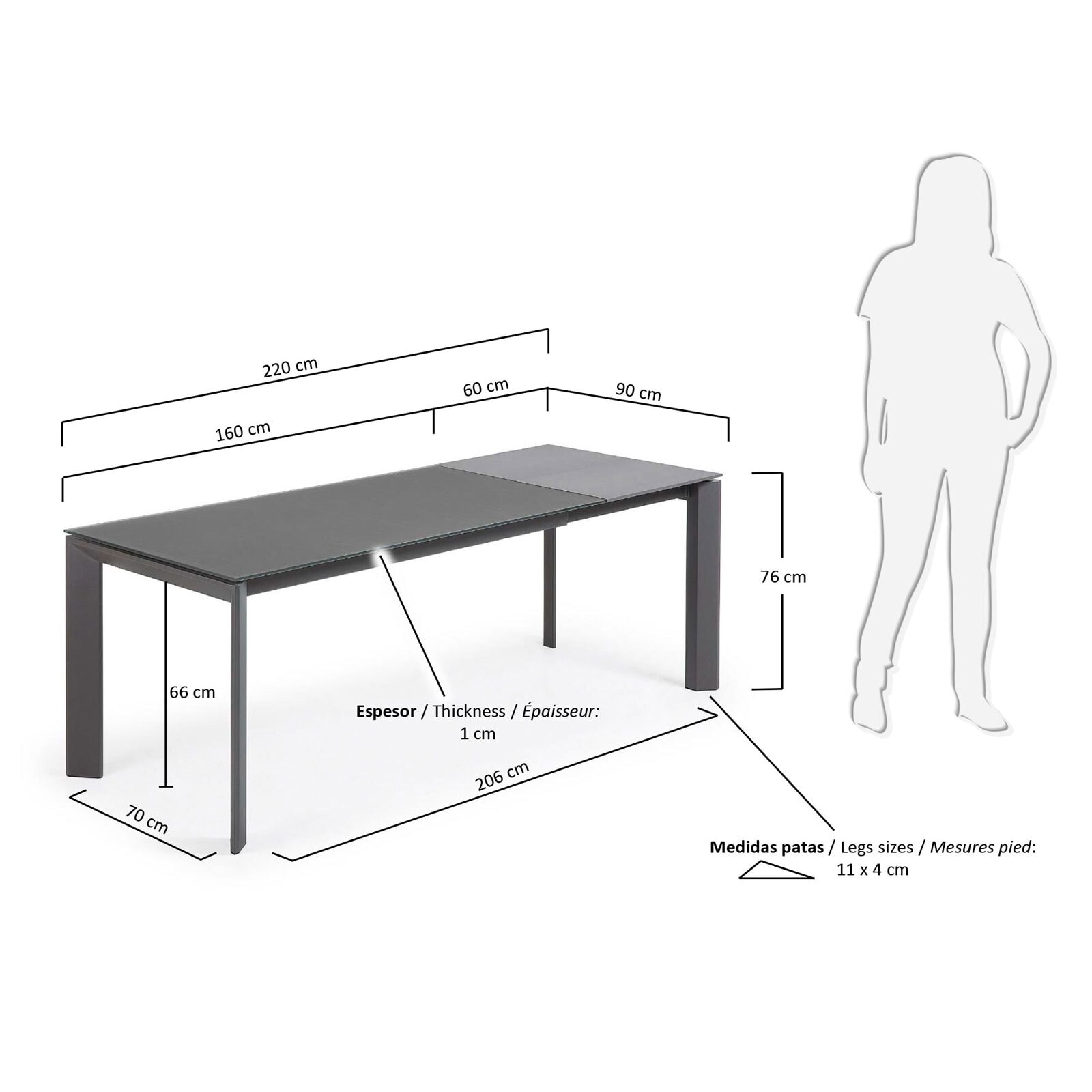 Kave Home Esstisch AXIS 160-220 x 90 cm grau /Glas grau