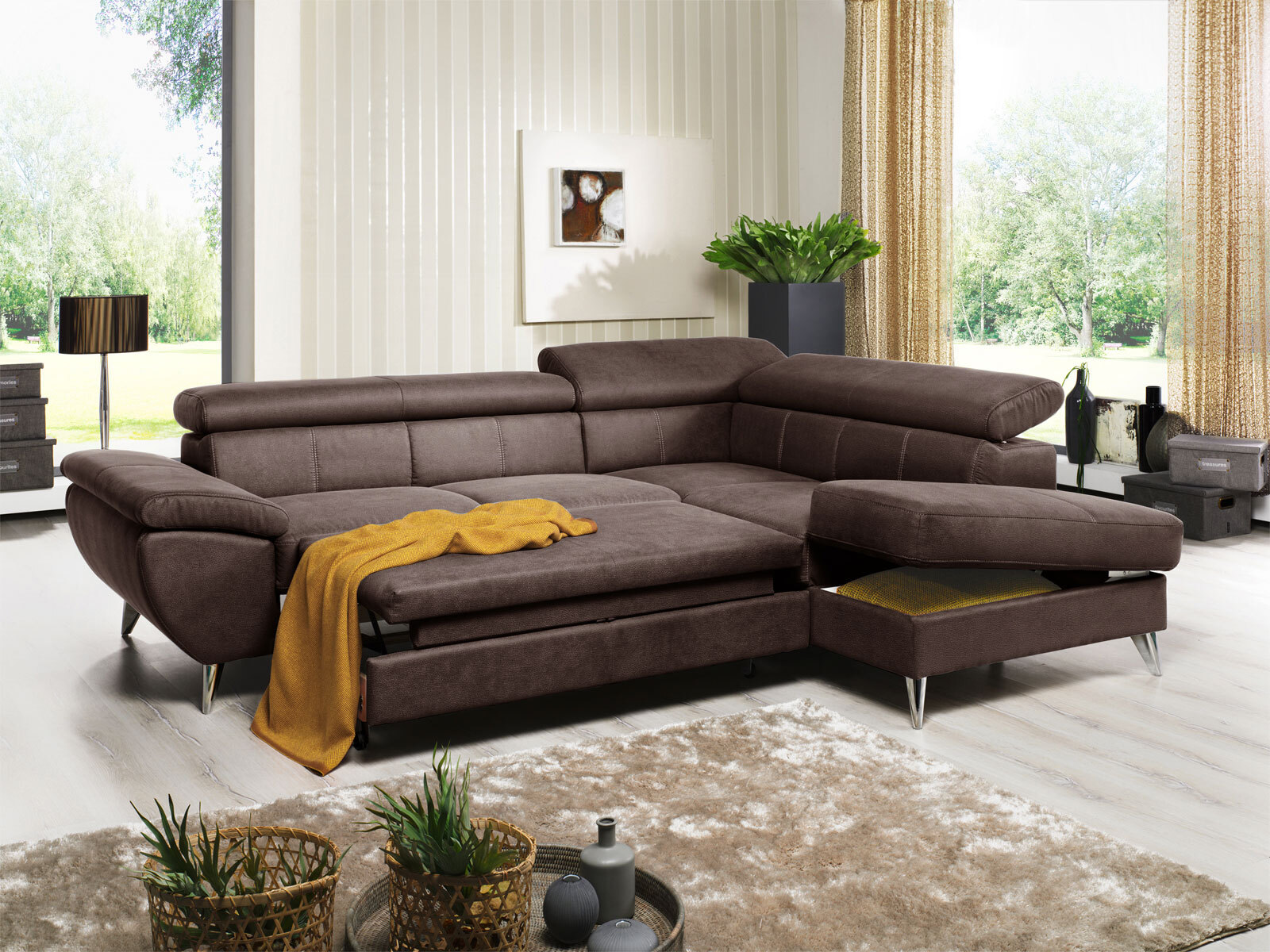 Ecksofa HALLS CREEK mit Schlaffunktion links 260 x 207 cm Stoffbezug chocolatebraun