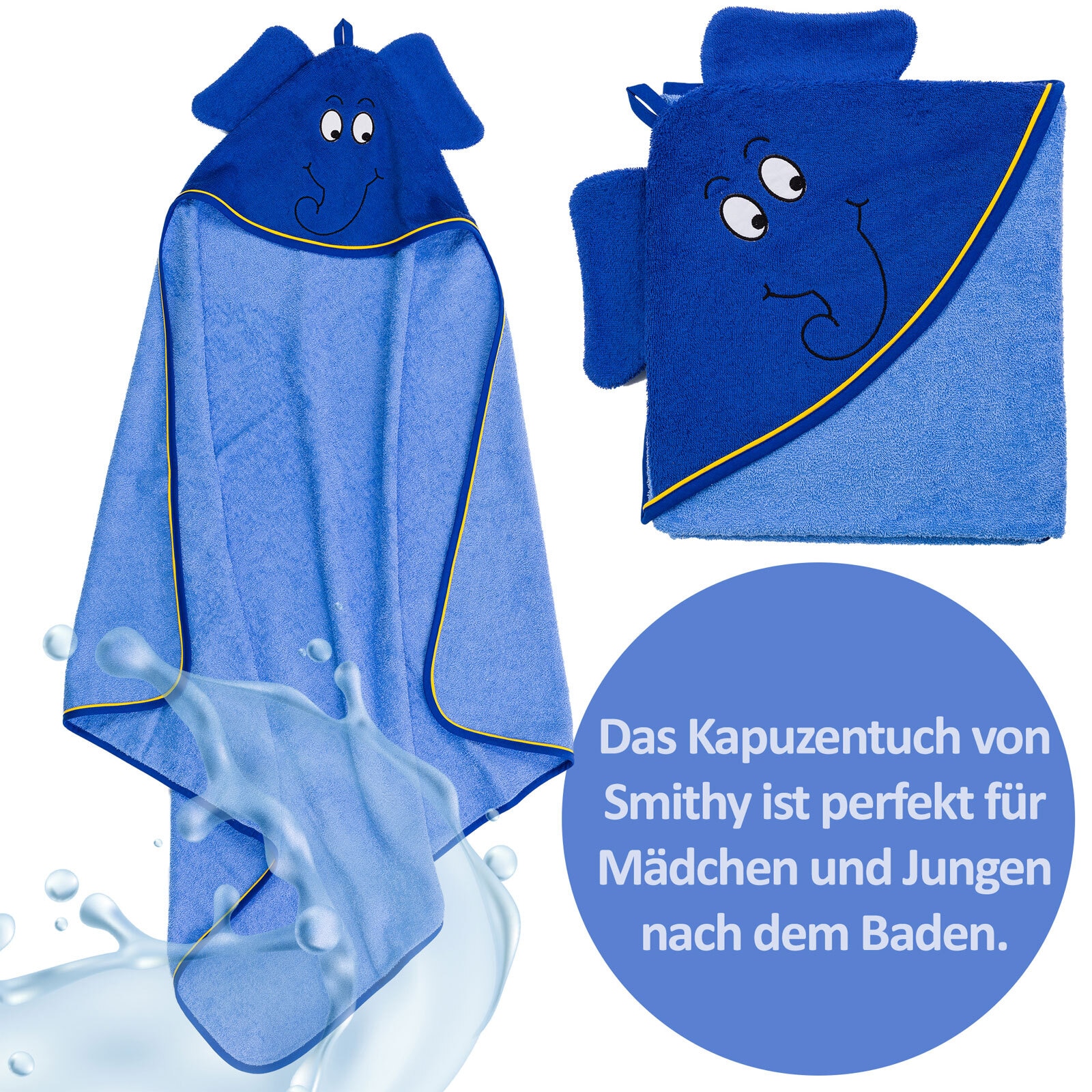 Smithy Kapuzenhandtuch ELEFANT 100 x 100 cm blau