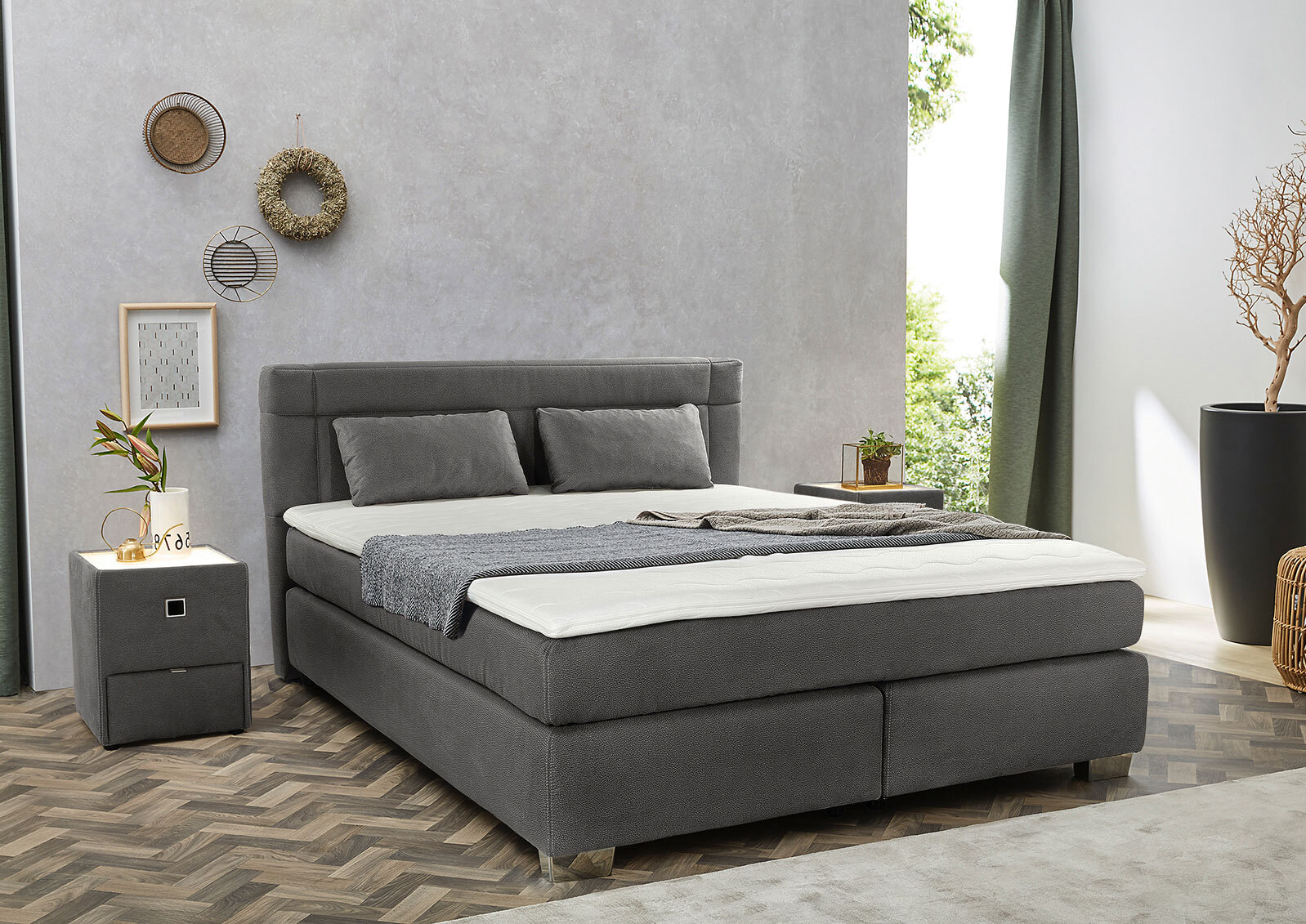 Boxspringbett EILIN 180 x 200 cm Stoffbezug grau