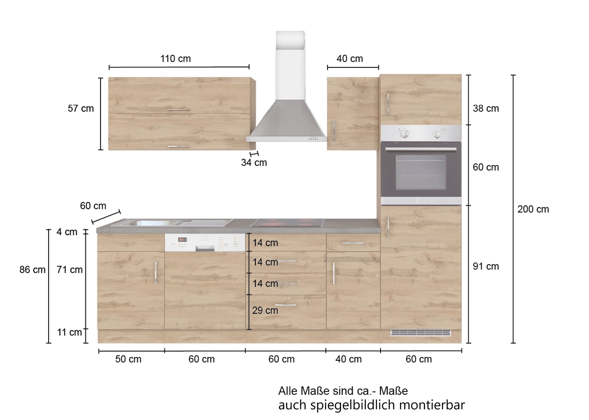 Küchenzeile ODENSE Anthrazit/ Wotan Eiche Dekor 270 cm