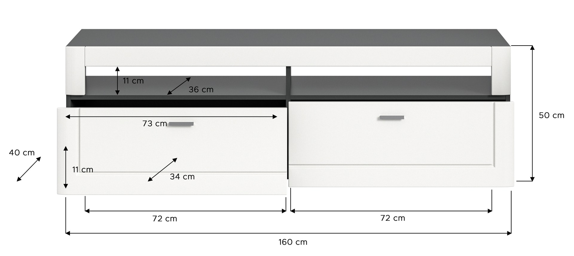 TV-Lowboard LAGO 160 x 50 cm weiß matt/grau