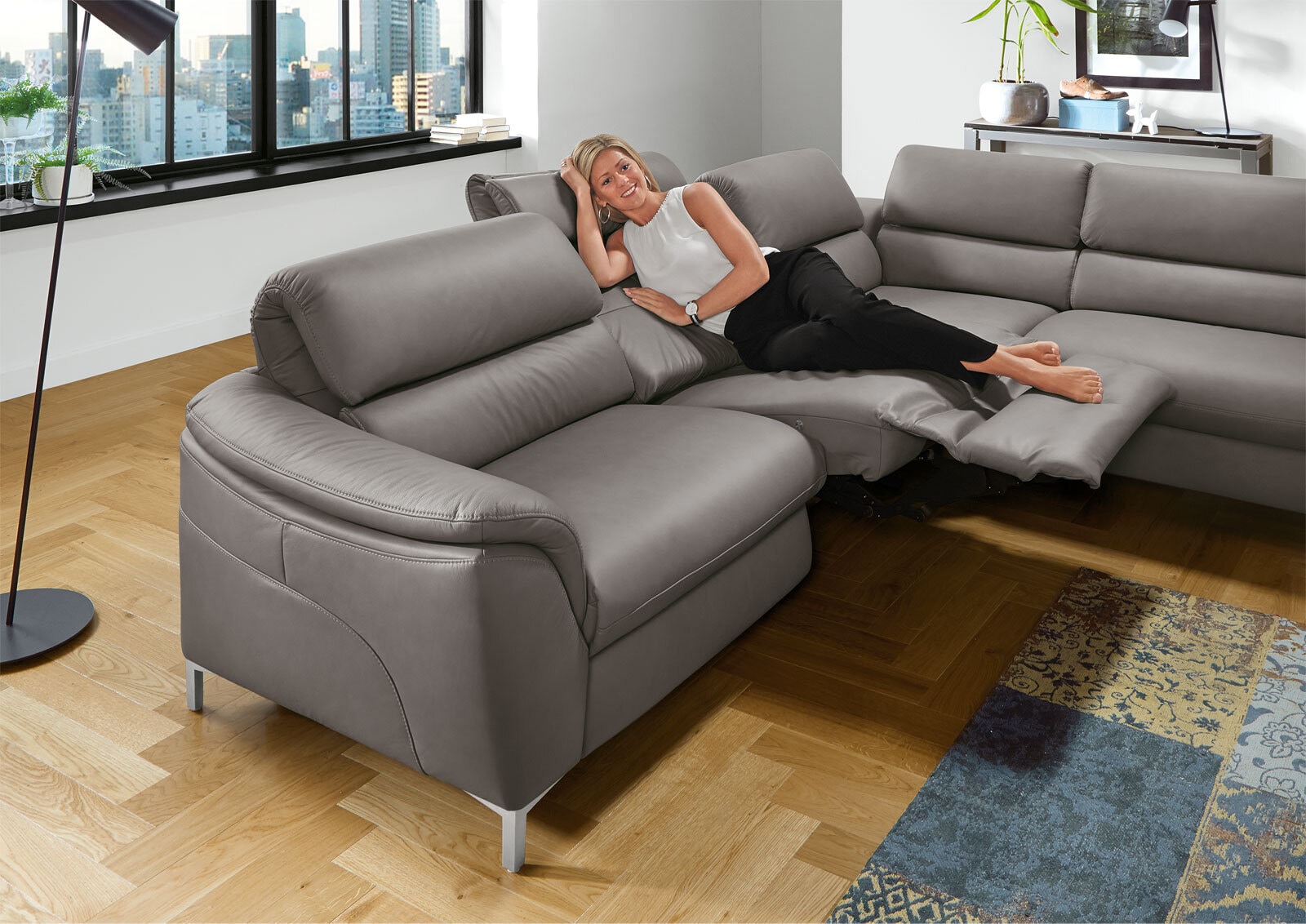 MONDO Ecksofa BAVERO mit Funktion Leder granitgrau